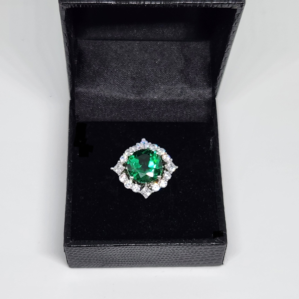 Simulated Emerald and Diamonds Ring, Silver Plated size 5 3/4